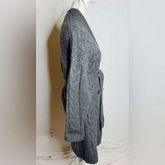 Apricot long shawl cable-knit cardigan with a waist tie. - Picture 3 of 8